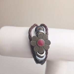 70s Style Leather Bracelet Metal Enamel Flower Beaded 3 Strands Braided